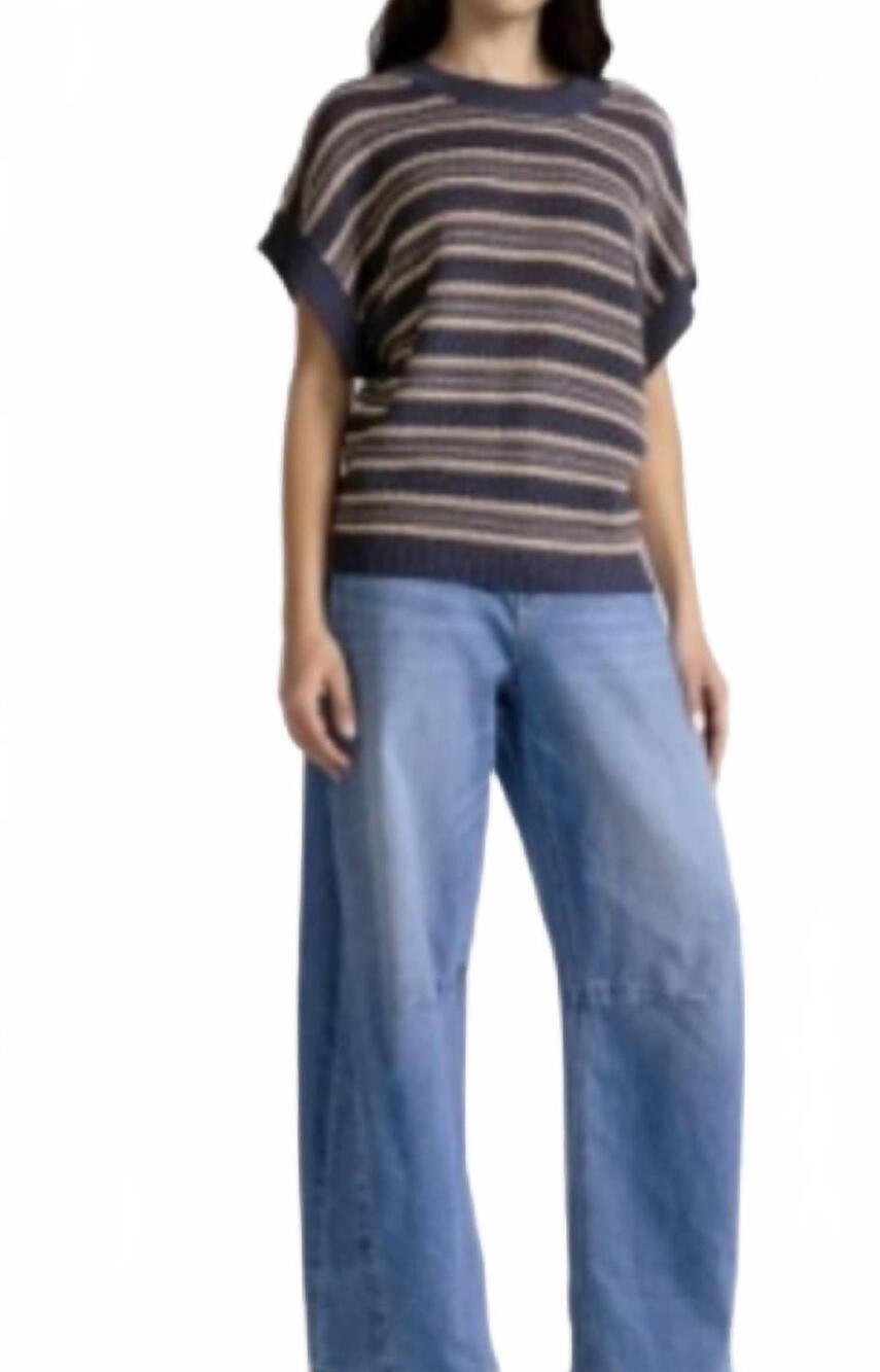 NEW ELAN stripe short sleeve sweater in navy